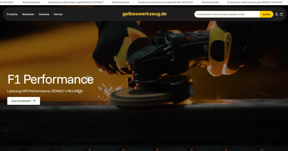 Startseite von gelbeswerkzeug.de, dem DEWALT-Vollsortiment-Shop