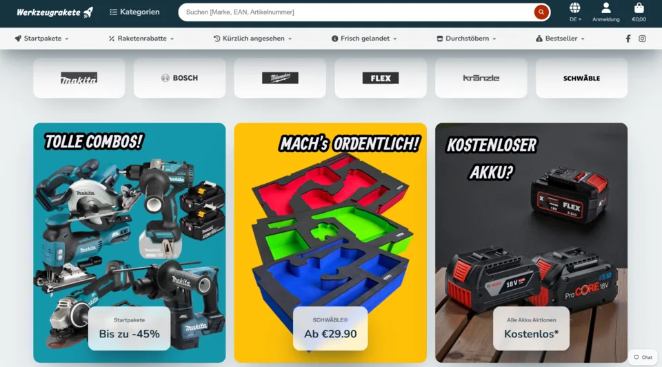 Startseite von werkzeugrakete.de mit den Vertrauenssignalen über dem Fold